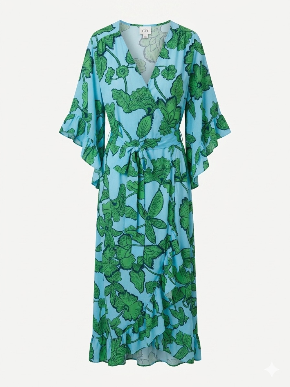CAbi Blue Wrap Maxi Dress with Green Floral Print